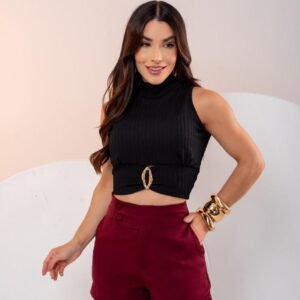 blusa Cropped gola alta detalhe franzido frontal da cintura